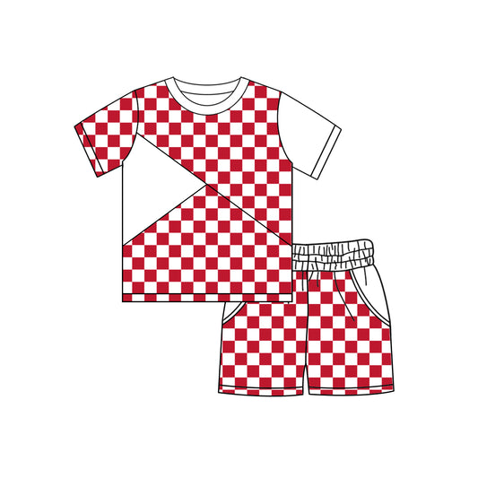 MOQ 5 PCS preorder BSSO1892 Red White Plaid Patchwork Short Sleeve Shorts Boys Sets 202601