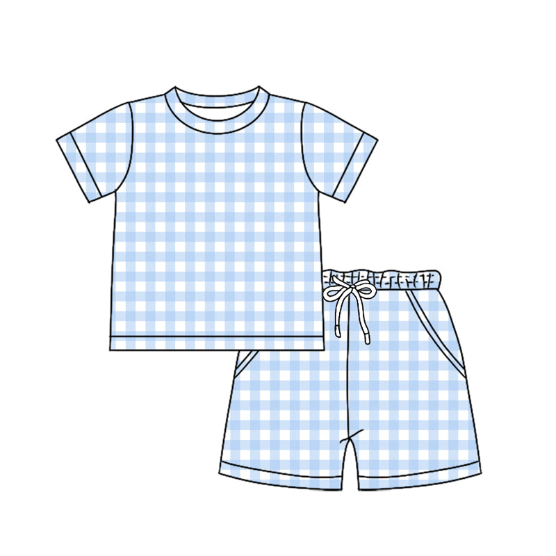 MOQ 5 PCS preorder BSSO1896 Light Blue Plaid Short Sleeve Shorts Boys Sets 202601