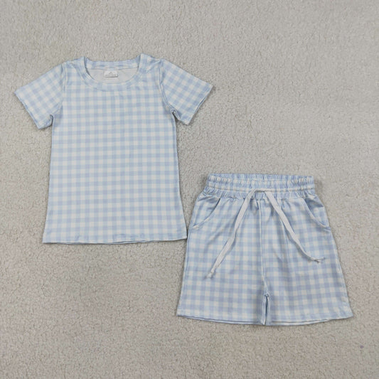 BSSO1896 Light Blue Plaid Short Sleeve Shorts Boys Sets 202603 RTS