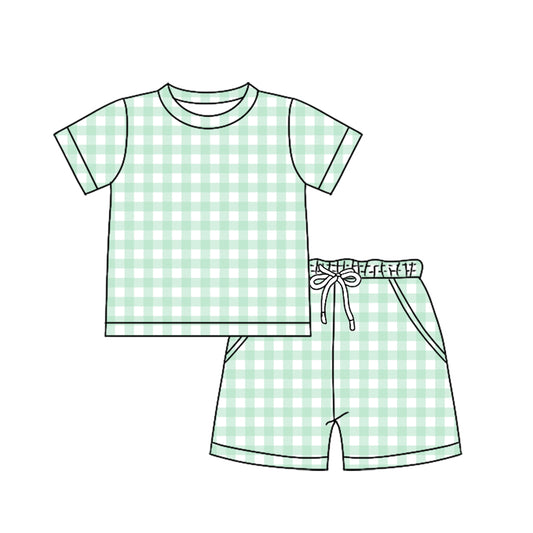 MOQ 5 PCS preorder BSSO1898 Light Green Plaid Short Sleeve Shorts Boys Sets 202601