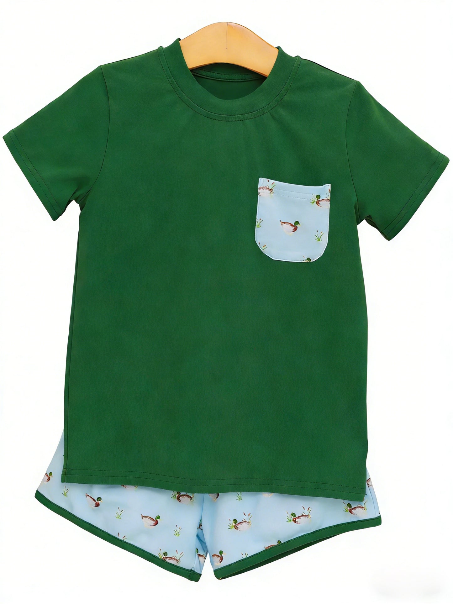 MOQ 5 PCS preorder BSSO1899 Duck Hunting Pocket Dark Green Short Sleeve Shorts Boys Sets 202601