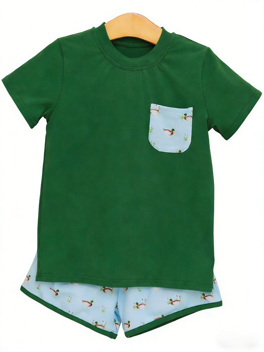 MOQ 5 PCS preorder BSSO1899 Duck Hunting Pocket Dark Green Short Sleeve Shorts Boys Sets 202601