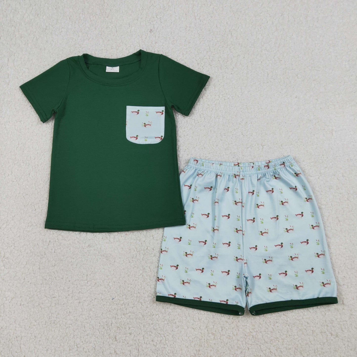 BSSO1899 Duck Hunting Pocket Dark Green Short Sleeve Shorts Boys Sets 202603 RTS