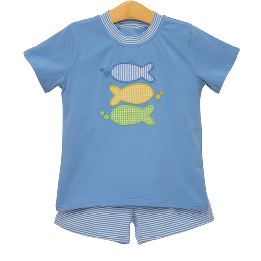 MOQ 5 PCS preorder BSSO1905 Fishing Pattern Blue Short Sleeve Stripe Shorts Boys Sets 202601
