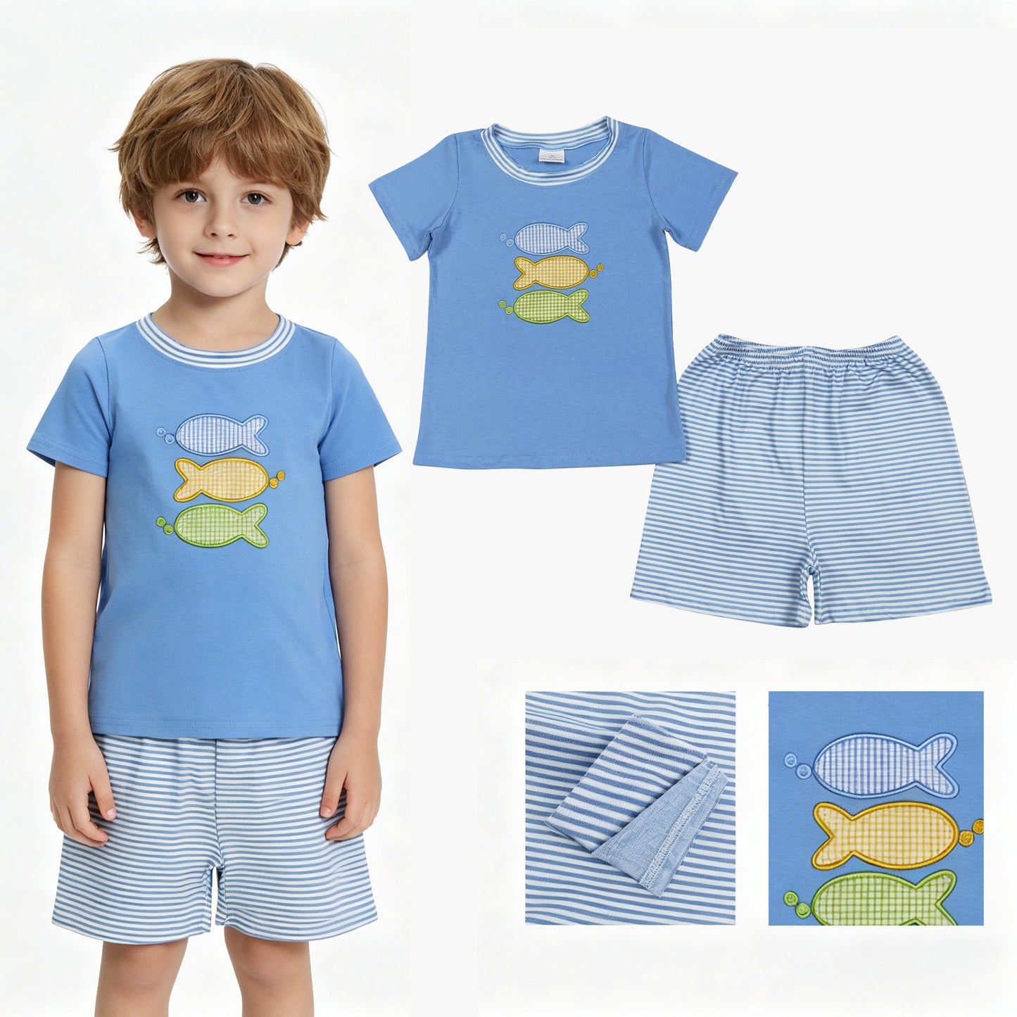 BSSO1905 Embroidered Fishing Pattern Blue Short Sleeve Stripe Shorts Boys Sets 202605 RTS