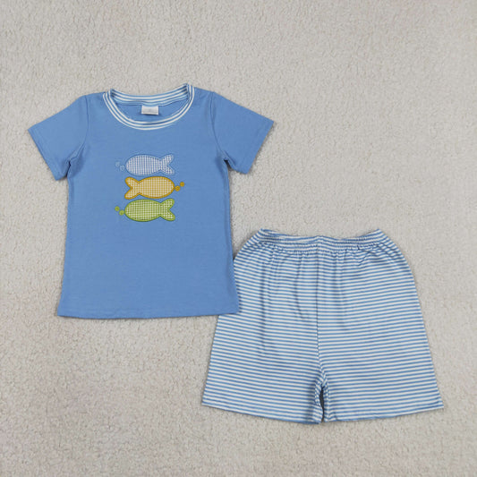 BSSO1905 Embroidered Fishing Pattern Blue Short Sleeve Stripe Shorts Boys Sets 202605 RTS