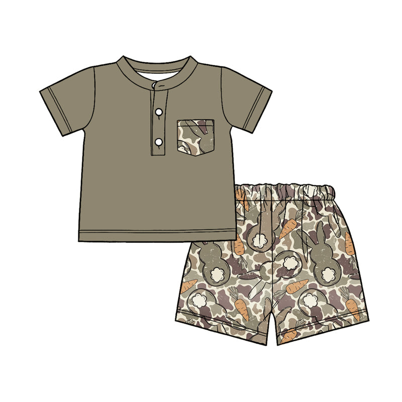 MOQ 5 PCS preorder BSSO1907 Easter Bunny Camouflage Pocket Army Green Short Sleeve Shorts Boys Sets 202601
