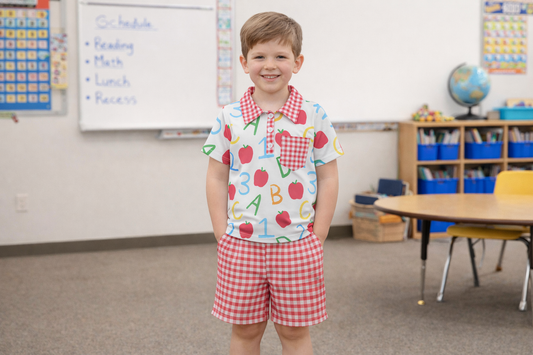 BSSO1913 Back to School Apple Letter Red Plaid Pocket Polo Short Sleeve Shorts Boys Sets 202603 RTS
