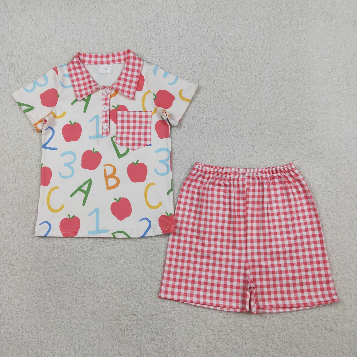 BSSO1913 Back to School Apple Letter Red Plaid Pocket Polo Short Sleeve Shorts Boys Sets 202603 RTS