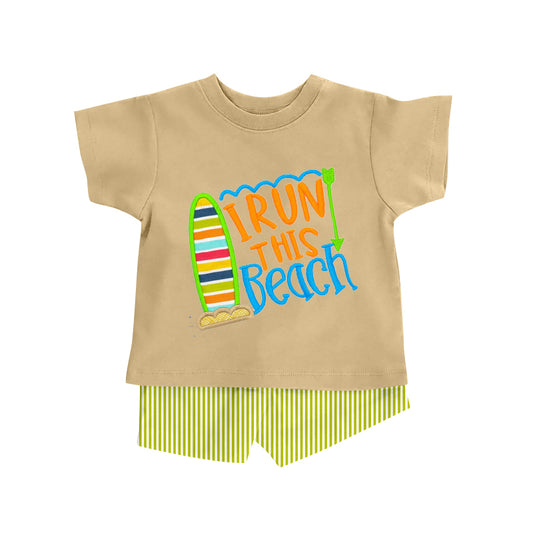 MOQ 5 PCS preorder BSSO1916 I run this beach surfboard, Letter Khaki Short Sleeve Green Stripe Shorts Boys Sets 202601