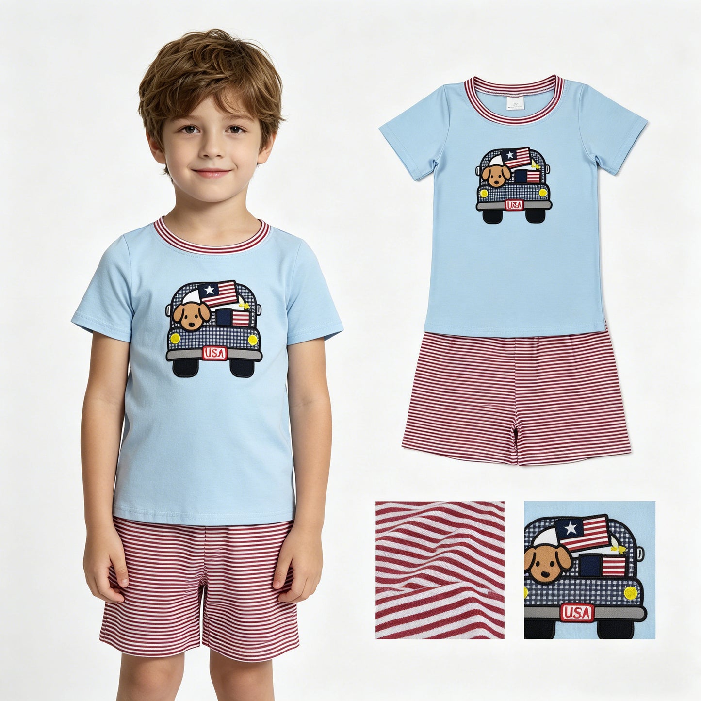 BSSO1918 Embroidered 4th of July USA Truck Dog Flag Light Blue Short Sleeve Red Stripe Shorts Boys Sets 202604 RTS