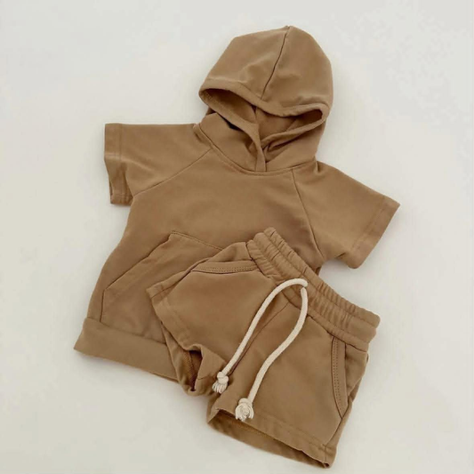 MOQ 5 PCS preorder BSSO1919 Brown Hooded Short Sleeve Shorts Boys Sets 202601