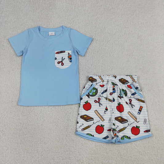 BSSO1921 Back to School Apple Pocket Blue Short Sleeve Shorts Boys Sets 202604 RTS