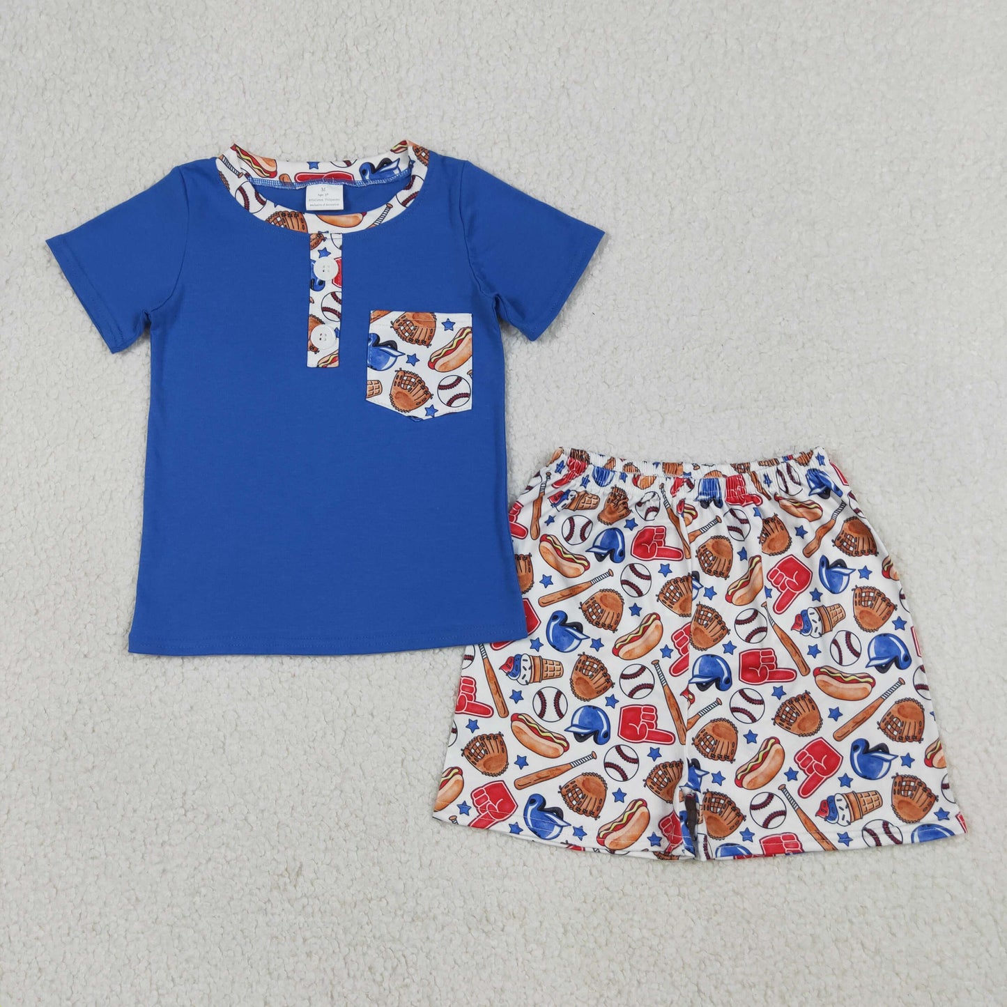 BSSO1922 Baseball Glove Hot Dog Star Pocket Button Blue Short Sleeve Shorts Boys Sets 202604 RTS