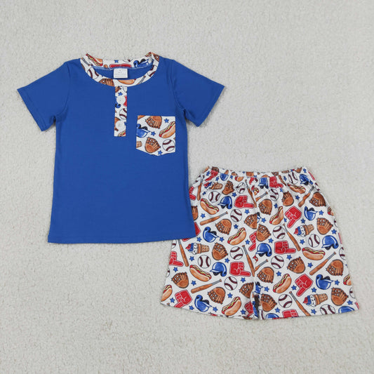 BSSO1922 Baseball Glove Hot Dog Star Pocket Button Blue Short Sleeve Shorts Boys Sets 202604 RTS