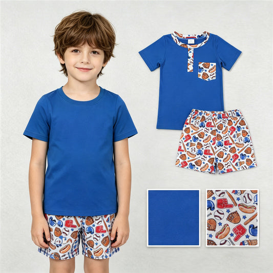 BSSO1922 Baseball Glove Hot Dog Star Pocket Button Blue Short Sleeve Shorts Boys Sets 202604 RTS