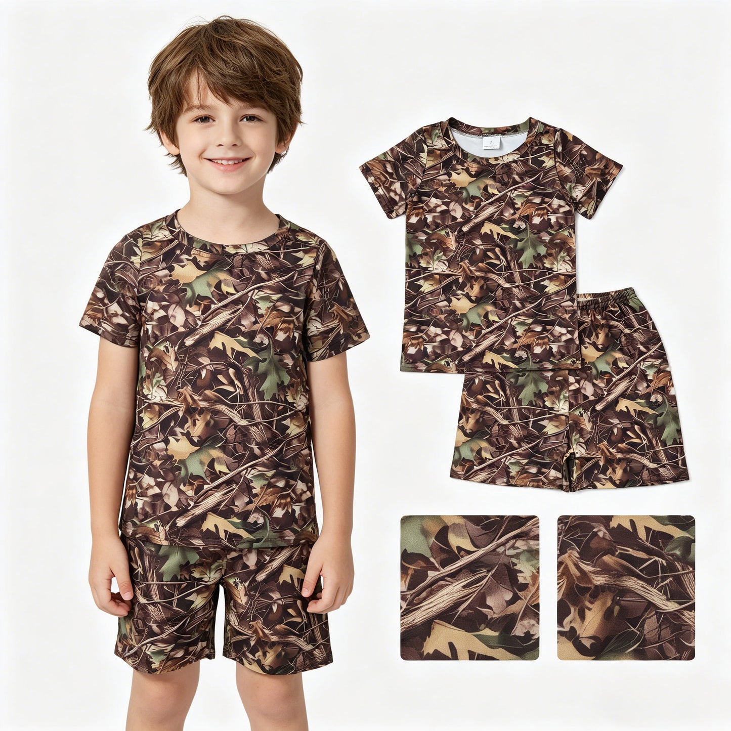 BSSO1929  Branches Leaves Brown Short Sleeve Shorts Boys Sets 202605 RTS
