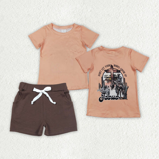 BSSO1936 Easter Jesus Orange Short Sleeve Brown Shorts Boys Sets 202602 RTS