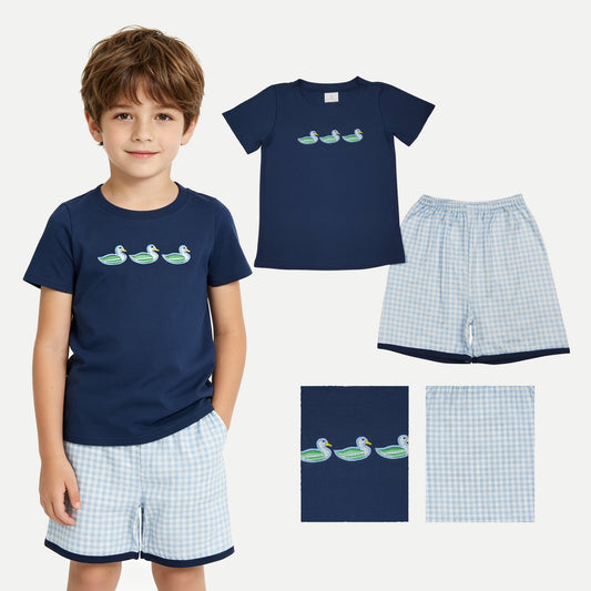 BSSO1938 Embroidered Ducks Navy Short Sleeve Shorts Boys Sets 202605 RTS Sibling