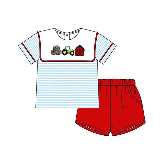 MOQ 5 PCS preorder BSSO1939 Haystack Tractor Red House Blue Stripe Short Sleeve Red Shorts Boys Sets 202602 Sibling