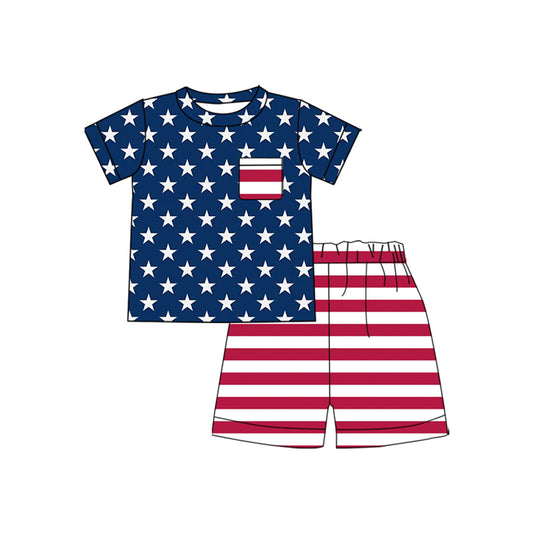 MOQ 5 PCS preorder BSSO1941 4th of July Red Stripe Pocket Star Blue Short Sleeve Shorts Boys Sets 202602