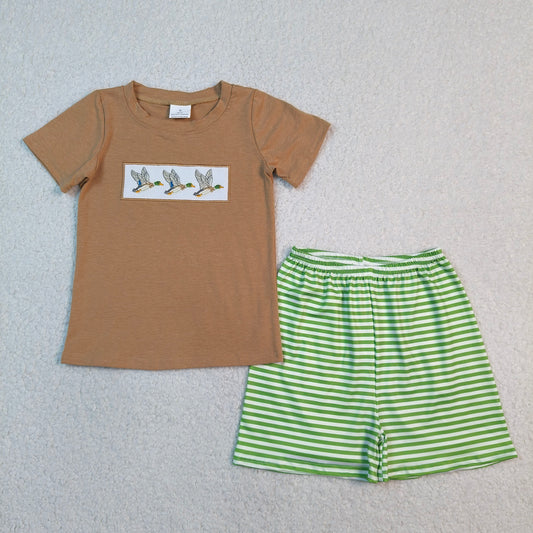 BSSO1947 Embroidered Ducks Brown Short Sleeve Green Stripe Shorts Boys Sets 202604 RTS