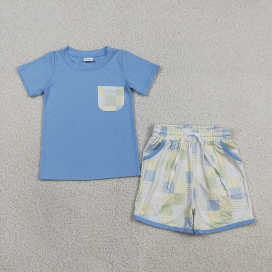 BSSO1950 Colored Stripe Plaid Pocket Blue Short Sleeve Shorts Boys Sets 202606 RTS