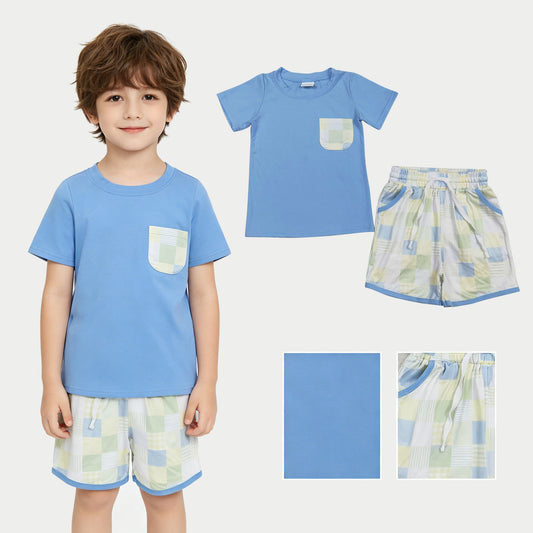 BSSO1950 Colored Stripe Plaid Pocket Blue Short Sleeve Shorts Boys Sets 202606 RTS