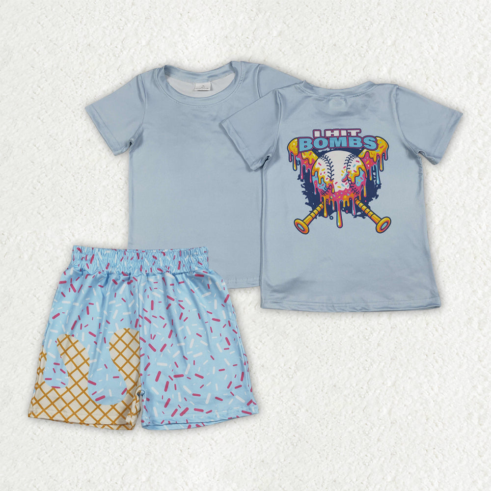 BSSO1951 Bombs Baseball Light Blue Short Sleeve Waffle Ice Cream Shorts Boys Sets 202604 RTS