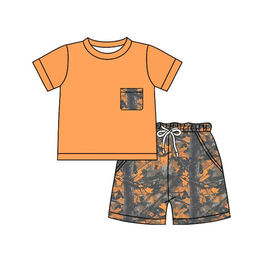 MOQ 5 PCS preorder BSSO1954 Branch and Leaf Pocket Orange Short Sleeve Shorts Boys Sets 202603