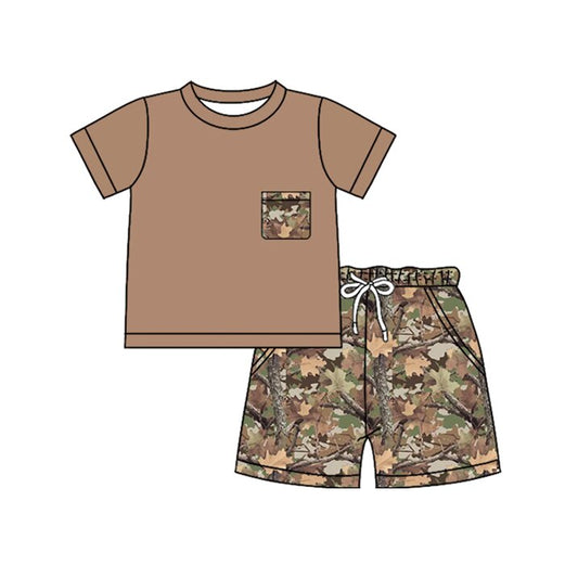 MOQ 5 PCS preorder BSSO1955 Branch and Leaf Pocket Brown Short Sleeve Shorts Boys Sets 202603