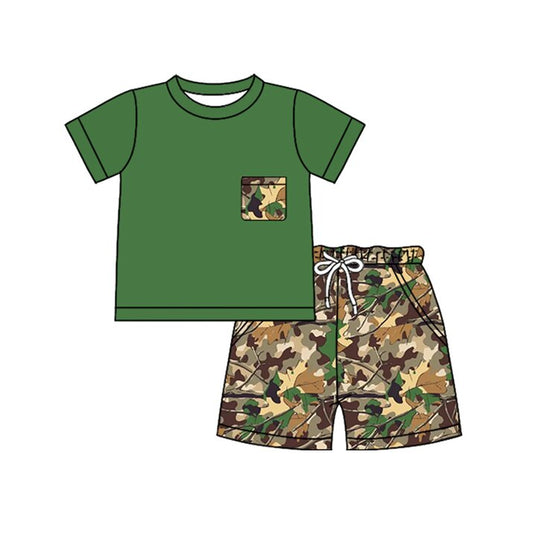 MOQ 5 PCS preorder BSSO1957 Branch and Leaf Camouflage Pocket Green Short Sleeve Shorts Boys Sets 202603
