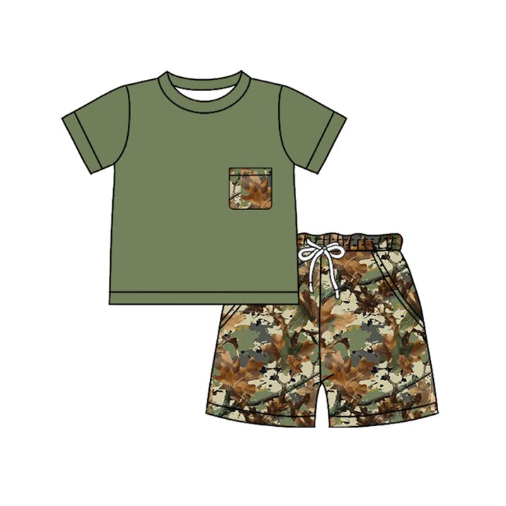 MOQ 5 PCS preorder BSSO1958 Branch and Leaf Pocket Green Short Sleeve Shorts Boys Sets 202603