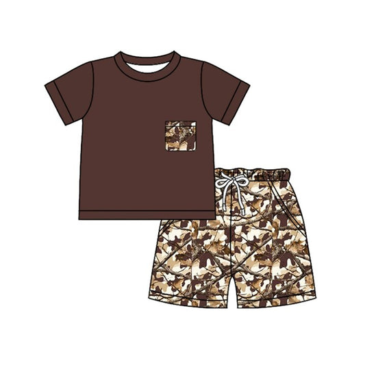 MOQ 5 PCS preorder BSSO1959 Branch and Leaf Pocket Dark Brown Short Sleeve Shorts Boys Sets 202603