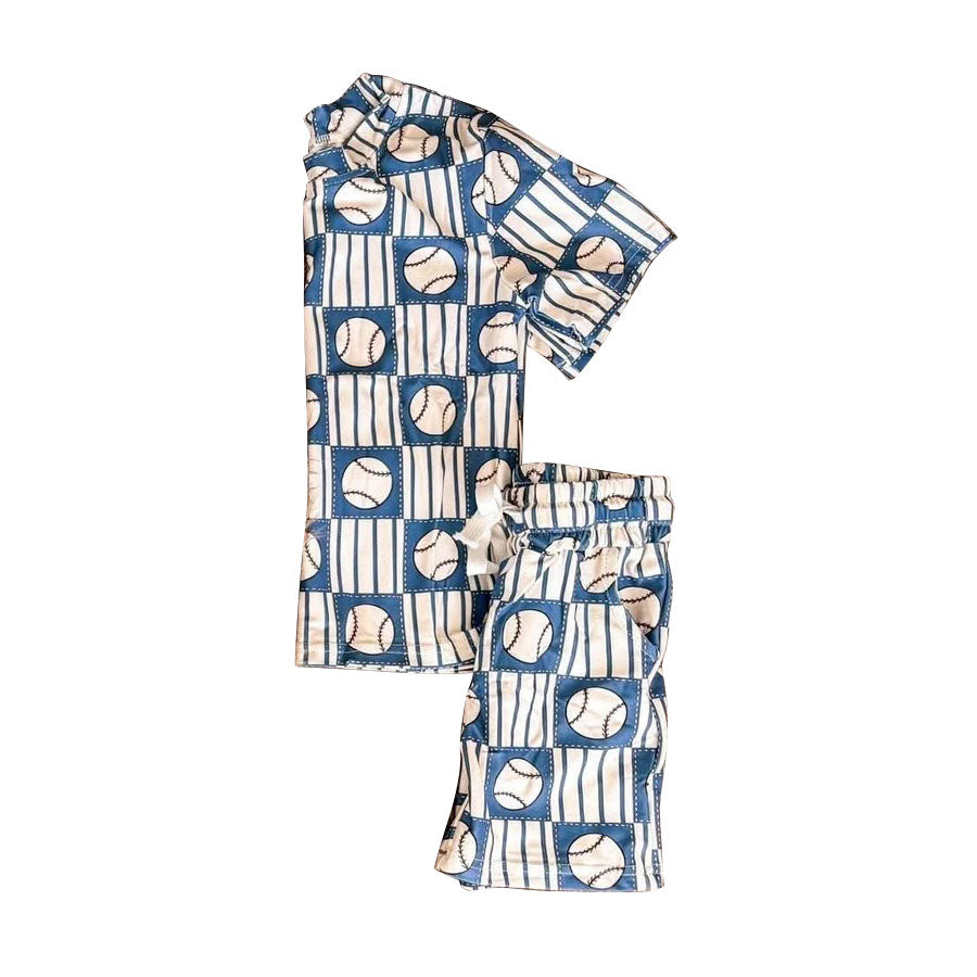 MOQ 5 PCS preorder BSSO1960 Baseball Stripe Plaid Blue White Short Sleeve Shorts Boys Sets 202603