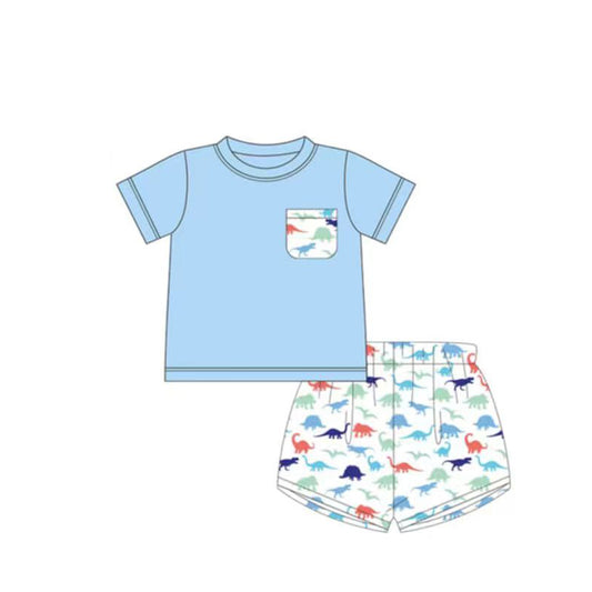 MOQ 5 PCS preorder BSSO1964 Dinosaur Pocket Blue Short Sleeve Shorts Boys Sets 202603