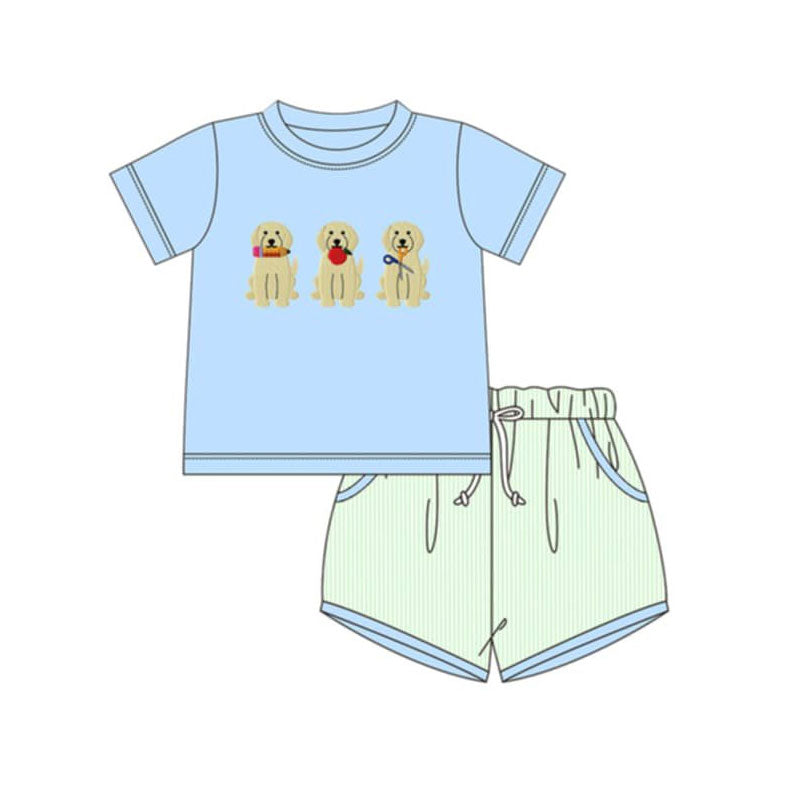MOQ 5 PCS preorder BSSO1970 Back to School Puppy Apple Pencil Blue Short Sleeve Green Stripe Shorts Boys Sets 202603