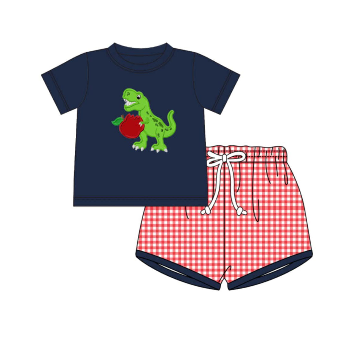 MOQ 5 PCS preorder BSSO1972 Back to School Dinosaur Apple Navy Short Sleeve Red Plaid Shorts Boys Sets 202603