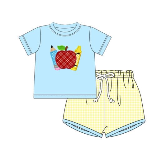 MOQ 5 PCS preorder BSSO1973 Back to School Apple Pencil Blue Short Sleeve Yellow Plaid Shorts Boys Sets 202603