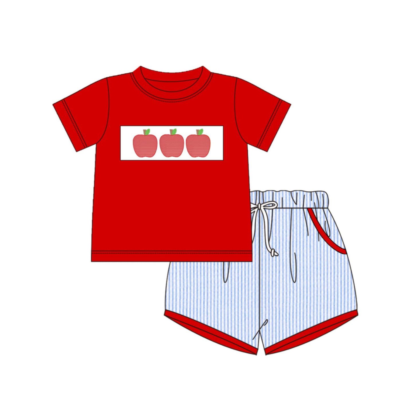 MOQ 5 PCS preorder BSSO1974 Back to School Apple Red Short Sleeve Blue Stripe Shorts Boys Sets 202603