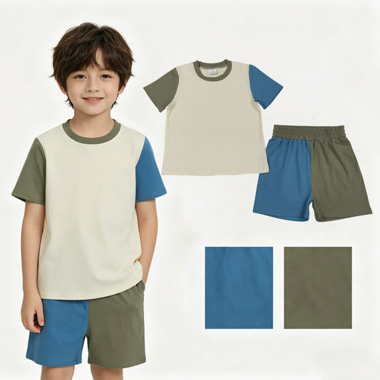 BSSO1976 Blue Green Patchwork Beige Short Sleeve Shorts Boys Sets 202605 RTS
