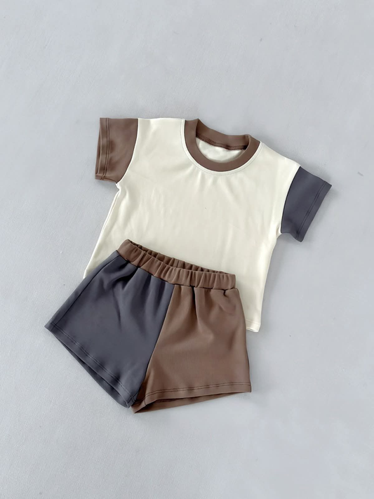 MOQ 5 PCS preorder BSSO1977 Gray Brown Patchwork Beige Short Sleeve Shorts Boys Sets 202603