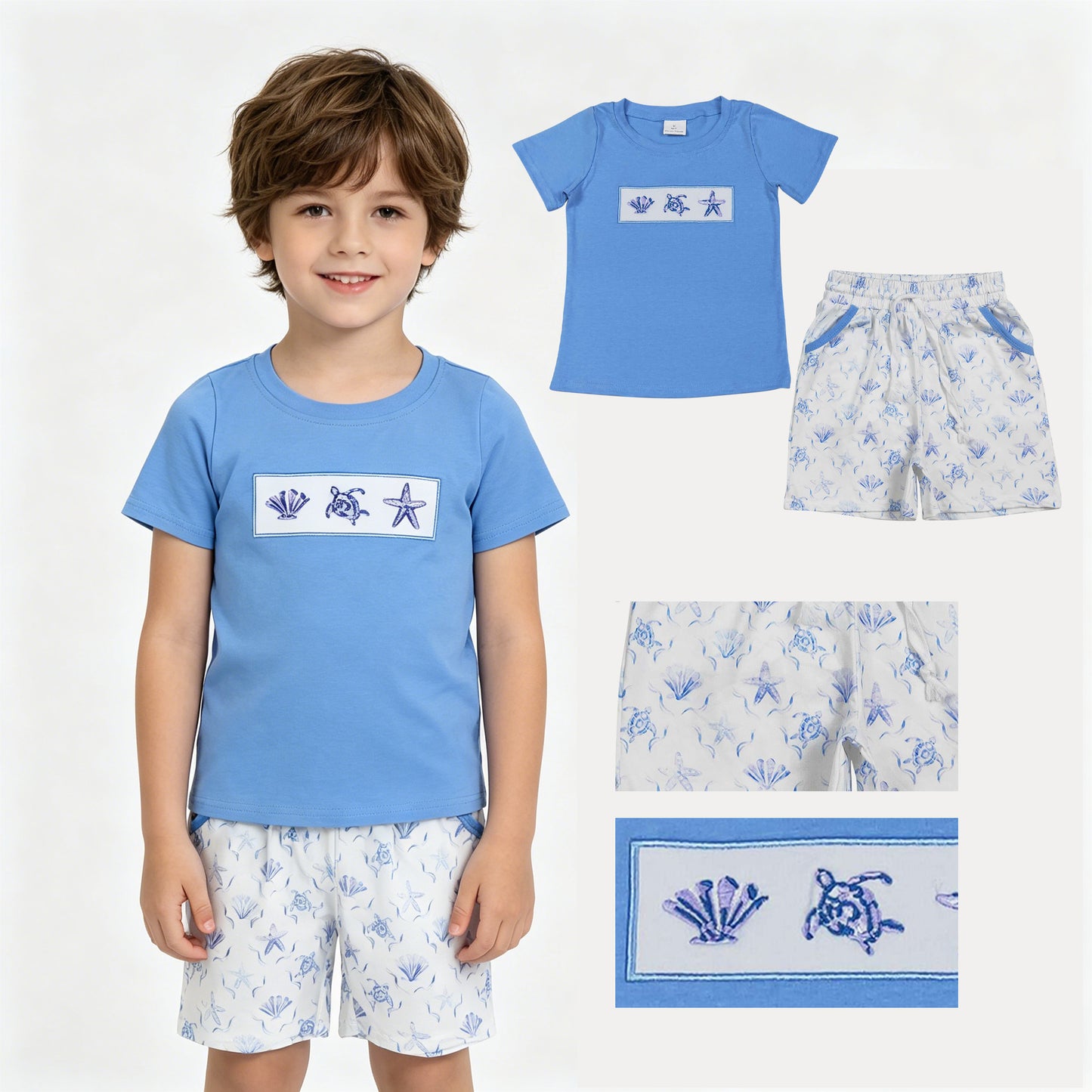 BSSO1979 Embroidered Seashells Turtles Starfish Blue Short Sleeve White Shorts Boys Sets 202604 RTS