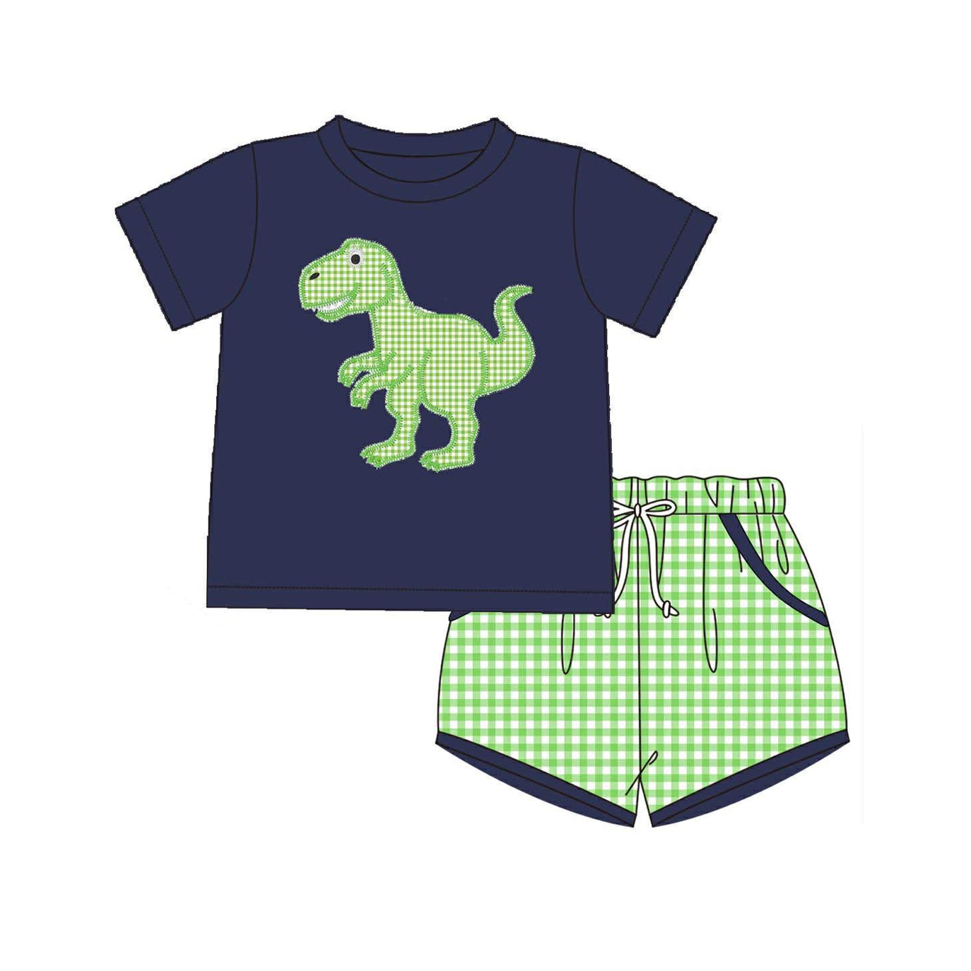MOQ 5 PCS preorder BSSO1984 Dinosaur Green Plaid Navy Short Sleeve Shorts Boys Sets 202603