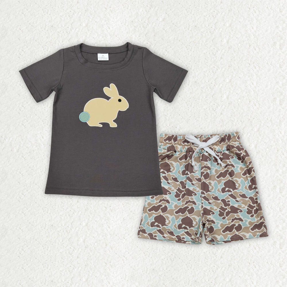 BSSO1987 Embroidered Easter Bunny Gray Short Sleeve Camouflage Shorts Boys Sets 202603 RTS