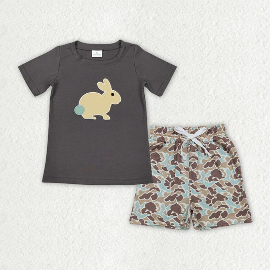 BSSO1987 Embroidered Easter Bunny Gray Short Sleeve Camouflage Shorts Boys Sets 202603 RTS