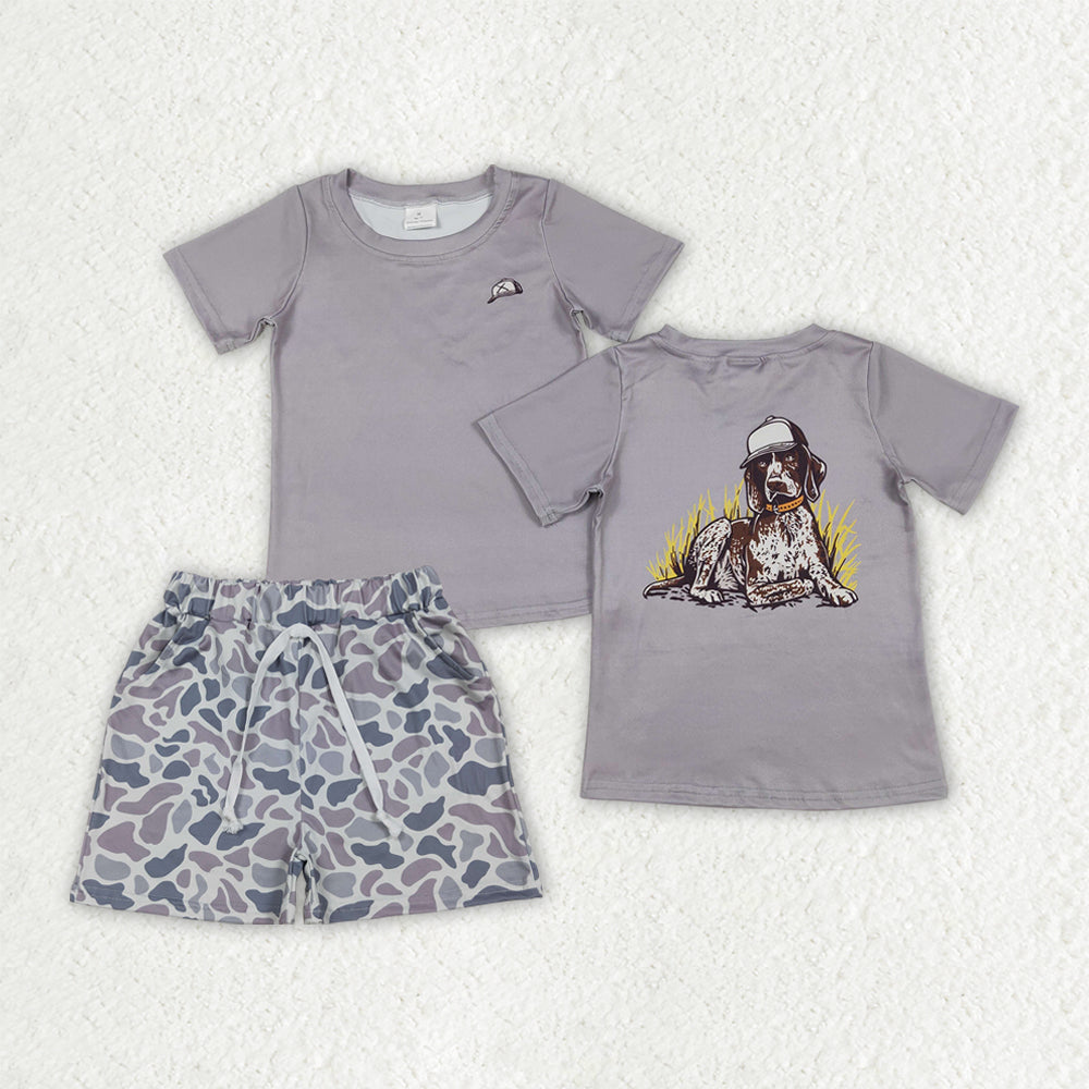 BSSO1988 Puppy Hat Hunting Gray Short Sleeve Camouflage Shorts Boys Sets 202603 RTS