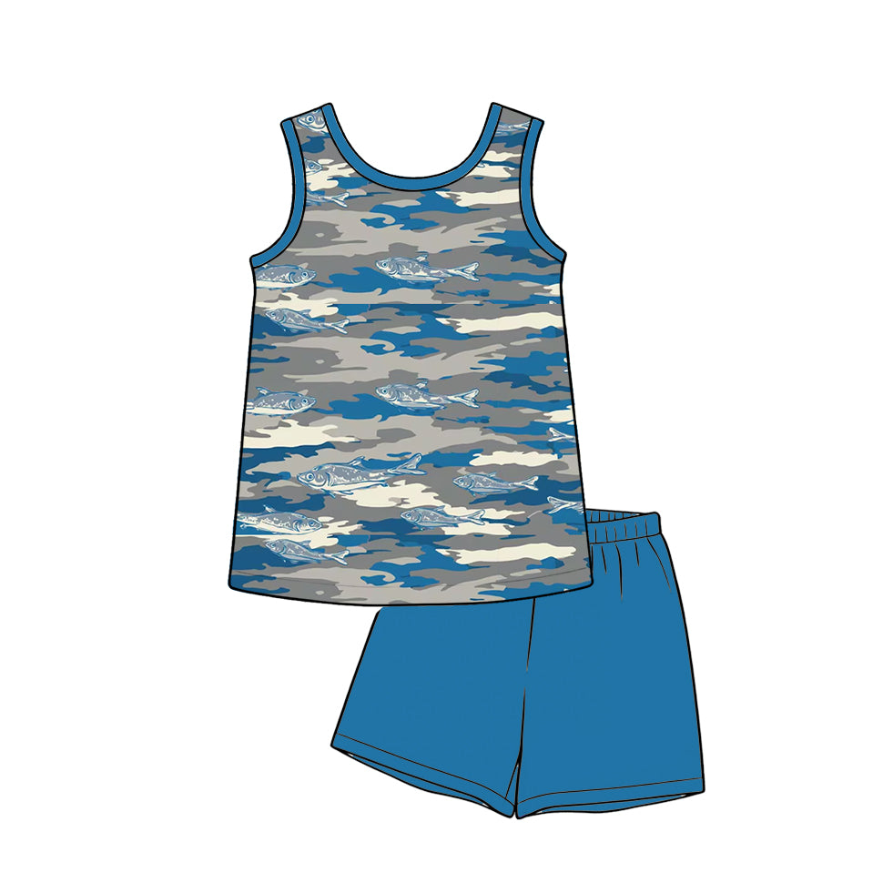 MOQ 5 PCS preorder BSSO1991 Fishing Pattern Gray Blue Camouflage Sleeveless Shorts Boys Sets 202603