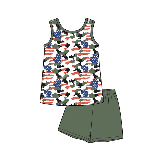 MOQ 5 PCS preorder BSSO1993 4th of July Camouflage Sleeveless Dark Green Shorts Boys Sets 202603