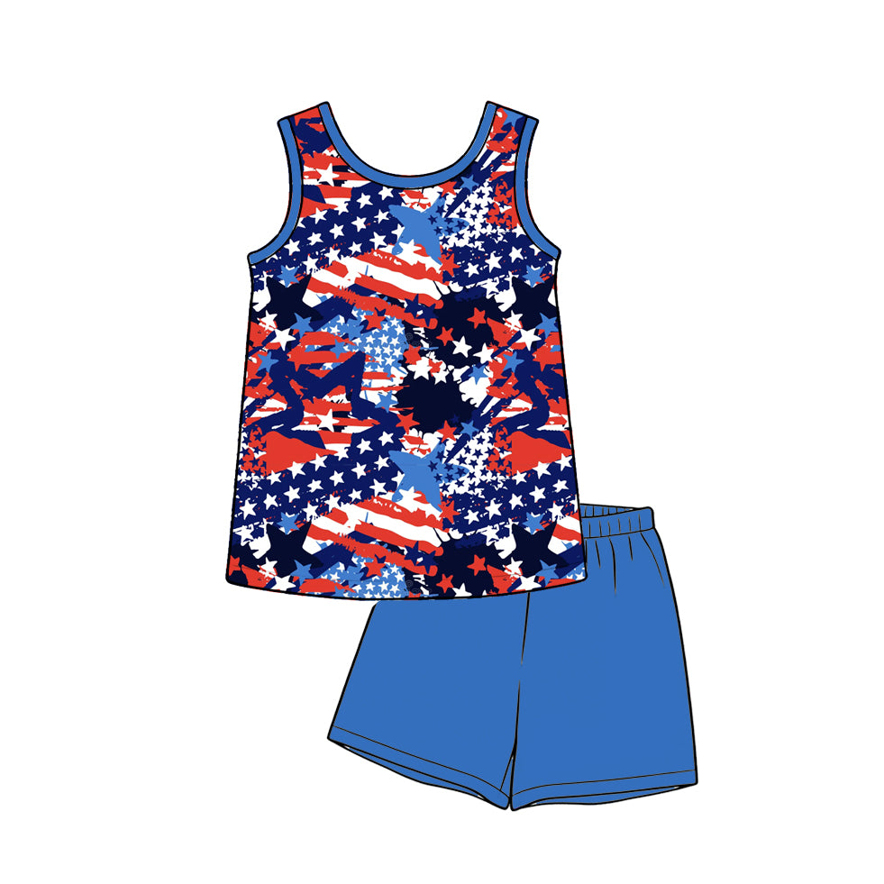MOQ 5 PCS preorder BSSO1995 4th of July Star Camouflage Sleeveless Blue Shorts Boys Sets 202603